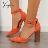 Xajzpa - Casual Chunky Block High Heel Pumps Pointed Toe Ankle Strap Heels /