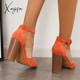 Xajzpa - Casual Chunky Block High Heel Pumps Pointed Toe Ankle Strap Heels /