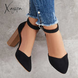 Xajzpa - Casual Chunky Block High Heel Pumps Pointed Toe Ankle Strap Heels /