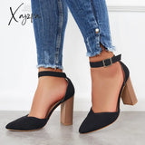 Xajzpa - Casual Chunky Block High Heel Pumps Pointed Toe Ankle Strap Heels /