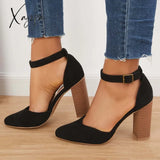 Xajzpa - Casual Chunky Block High Heel Pumps Pointed Toe Ankle Strap Heels /