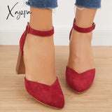 Xajzpa - Casual Chunky Block High Heel Pumps Pointed Toe Ankle Strap Heels /