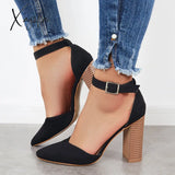 Xajzpa - Casual Chunky Block High Heel Pumps Pointed Toe Ankle Strap Heels /