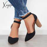 Xajzpa - Casual Chunky Block High Heel Pumps Pointed Toe Ankle Strap Heels /