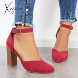 Xajzpa - Casual Chunky Block High Heel Pumps Pointed Toe Ankle Strap Heels /