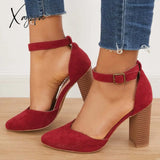 Xajzpa - Casual Chunky Block High Heel Pumps Pointed Toe Ankle Strap Heels /