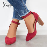 Xajzpa - Casual Chunky Block High Heel Pumps Pointed Toe Ankle Strap Heels /