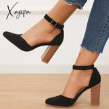 Xajzpa - Casual Chunky Block High Heel Pumps Pointed Toe Ankle Strap Heels /