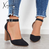 Xajzpa - Casual Chunky Block High Heel Pumps Pointed Toe Ankle Strap Heels /