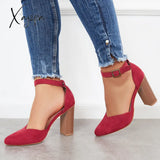 Xajzpa - Casual Chunky Block High Heel Pumps Pointed Toe Ankle Strap Heels /