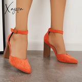 Xajzpa - Casual Chunky Block High Heel Pumps Pointed Toe Ankle Strap Heels /