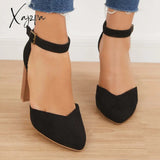 Xajzpa - Casual Chunky Block High Heel Pumps Pointed Toe Ankle Strap Heels /