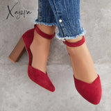 Xajzpa - Casual Chunky Block High Heel Pumps Pointed Toe Ankle Strap Heels /