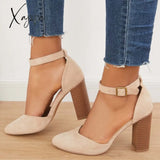 Xajzpa - Casual Chunky Block High Heel Pumps Pointed Toe Ankle Strap Heels Beige / 5