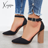 Xajzpa - Casual Chunky Block High Heel Pumps Pointed Toe Ankle Strap Heels Black / 5