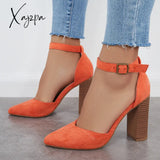 Xajzpa - Casual Chunky Block High Heel Pumps Pointed Toe Ankle Strap Heels Orange / 5