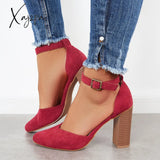 Xajzpa - Casual Chunky Block High Heel Pumps Pointed Toe Ankle Strap Heels Wine Red / 5