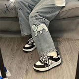 Xajzpa - Casual Kawaii Black White Bear Panda Women Sneakers Sports Platform Flat Shoes Korean