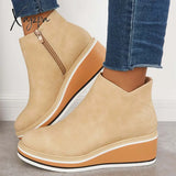 Xajzpa - Casual Wedge Sneakers Side Zipper Platform Ankle Boots Beige / 5