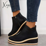 Xajzpa - Casual Wedge Sneakers Side Zipper Platform Ankle Boots Black / 5