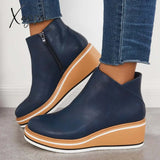 Xajzpa - Casual Wedge Sneakers Side Zipper Platform Ankle Boots Blue / 5