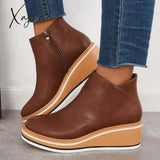 Xajzpa - Casual Wedge Sneakers Side Zipper Platform Ankle Boots Brown / 5