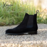 Xajzpa - Chelsea Boots For Men Black Flock Business Handmade Shoes Ankle Slip On