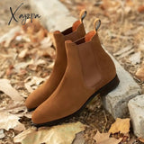 Xajzpa - Chelsea Boots Men  Faux Suede brown Classic Business Casual Versatile British Style Slip-On Fashion Ankle Boots