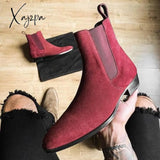 Xajzpa - Chelsea Boots Men Red Faux Suede Cowboy Ankle Vintage Slip On Shoes For With Free Shipping