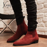 Xajzpa - Chelsea Boots Men Red Faux Suede Cowboy Ankle Vintage Slip On Shoes For With Free Shipping