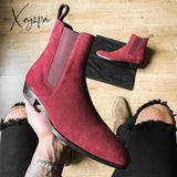 Xajzpa - Chelsea Boots Men Red Faux Suede Cowboy Ankle Vintage Slip On Shoes For With Free Shipping