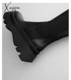 Xajzpa - Chelsea Women High Boots Winter New Chunky Shoes Woman Fashion Knee Platform Mid Heels