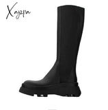 Xajzpa - Chelsea Women High Boots Winter New Chunky Shoes Woman Fashion Knee Platform Mid Heels