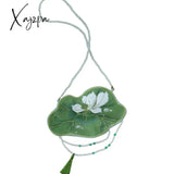 Xajzpa - Chinese Style Fashion Crossbody Bag Lotus Leaf Shape Flowers Embroidered Pearl Chain