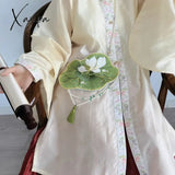 Xajzpa - Chinese Style Fashion Crossbody Bag Lotus Leaf Shape Flowers Embroidered Pearl Chain