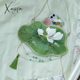 Xajzpa - Chinese Style Fashion Crossbody Bag Lotus Leaf Shape Flowers Embroidered Pearl Chain