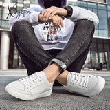 Xajzpa - Classic Men White Sneakers Soft Leather Shoes Lace-Up Casual Flats Genuine