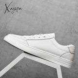 Xajzpa - Classic Men White Sneakers Soft Leather Shoes Lace-Up Casual Flats Genuine