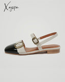 Xajzpa - Colorblock Buckled Square Toe Slingback Shoes Slip-On