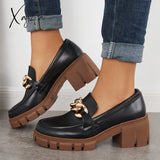 Xajzpa - Comfort Platform Chunky Heel Loafers Slip On Lug Sole Shoes Black&Brown / 5