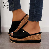 Xajzpa - Comfortable Cork Footbed Slip-On Sandals Platform Wedge Slippers Black / 5