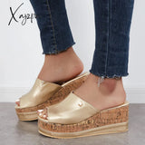 Xajzpa - Comfortable Cork Footbed Slip-On Sandals Platform Wedge Slippers Gold / 5