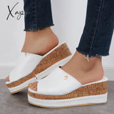 Xajzpa - Comfortable Cork Footbed Slip-On Sandals Platform Wedge Slippers White / 5