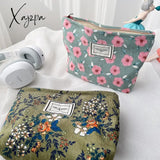 Xajzpa - Corduroy Make Up Bag Organizer Clutch Retro Flower Print Cosmetic Wash Women Travel Makeup