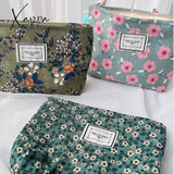 Xajzpa - Corduroy Make Up Bag Organizer Clutch Retro Flower Print Cosmetic Wash Women Travel Makeup