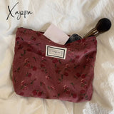 Xajzpa - Corduroy Make Up Bag Organizer Clutch Retro Flower Print Cosmetic Wash Women Travel Makeup