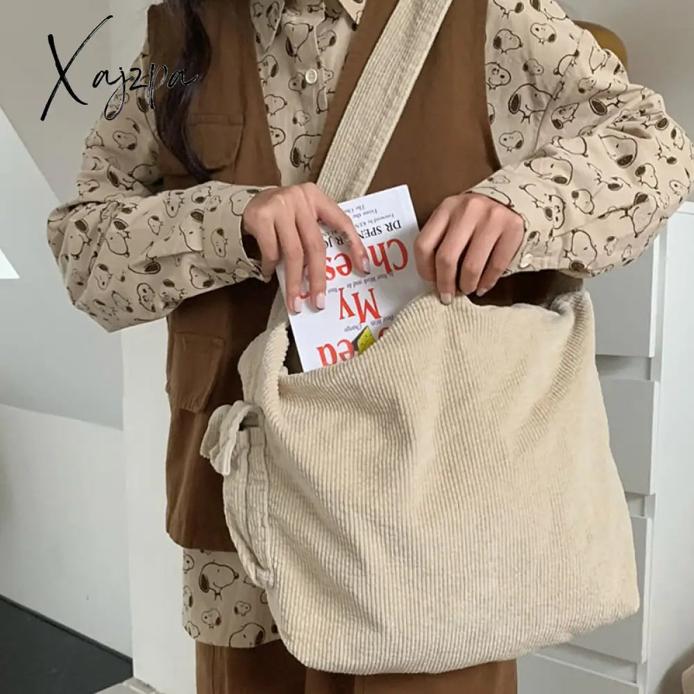 Xajzpa - Corduroy Tote Bag For Women 2023 Fashion Solid Color Shoulder With Side Pocket Girl Autumn
