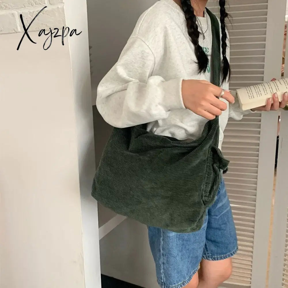 Xajzpa - Corduroy Tote Bag For Women 2023 Fashion Solid Color Shoulder With Side Pocket Girl Autumn