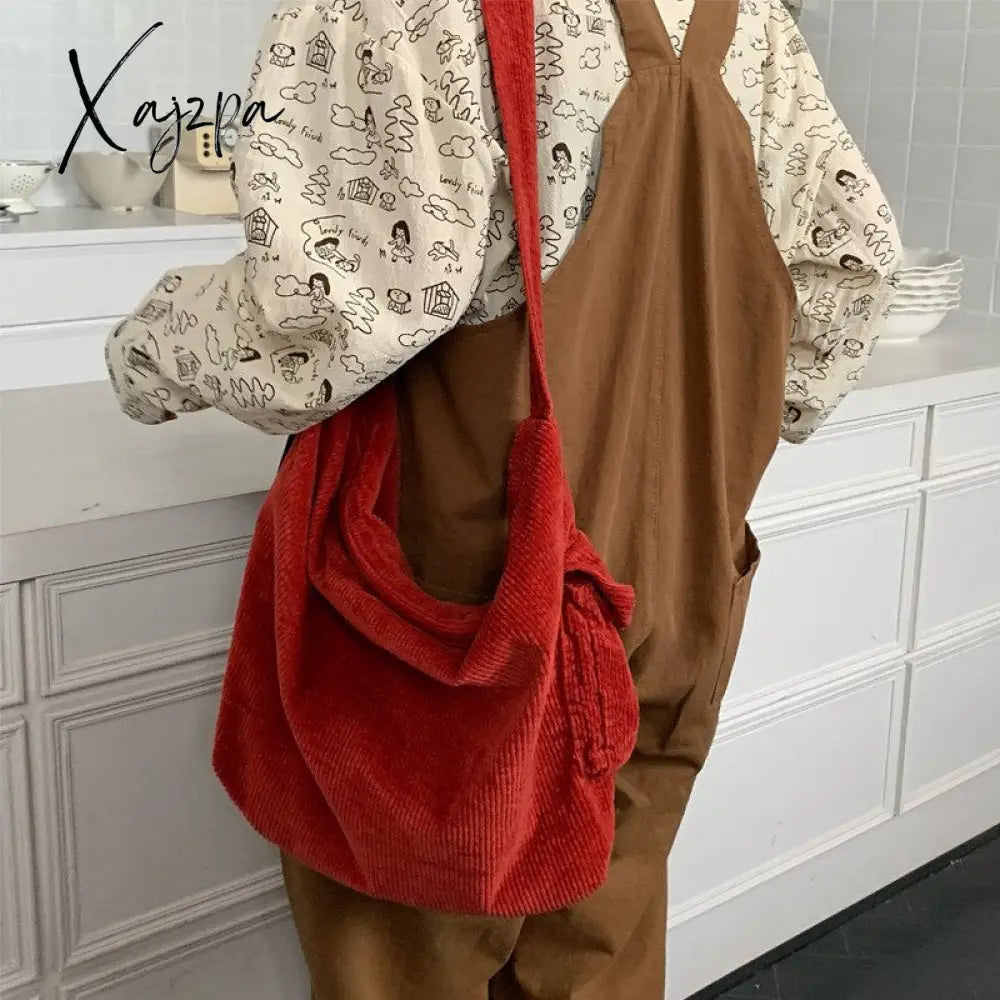 Xajzpa - Corduroy Tote Bag For Women 2023 Fashion Solid Color Shoulder With Side Pocket Girl Autumn