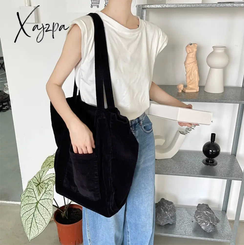 Xajzpa - Corduroy Totes Bags For Women Solid Color Shoulder Girls Casual Large Capacity Open Eco